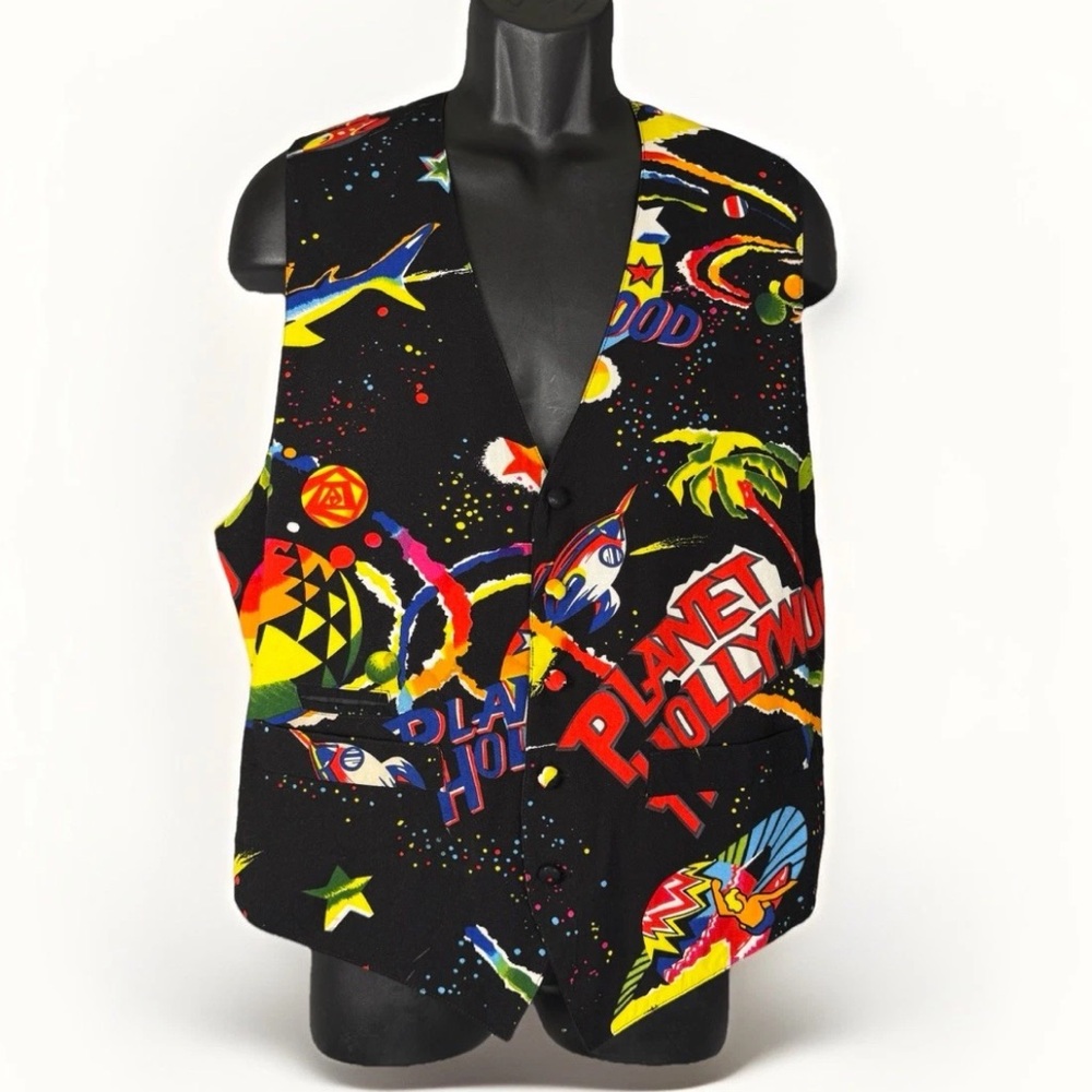 Vintage Planet Hollywood Vest L/XL 5 Button All Print Graphic Rare Retro Uniform